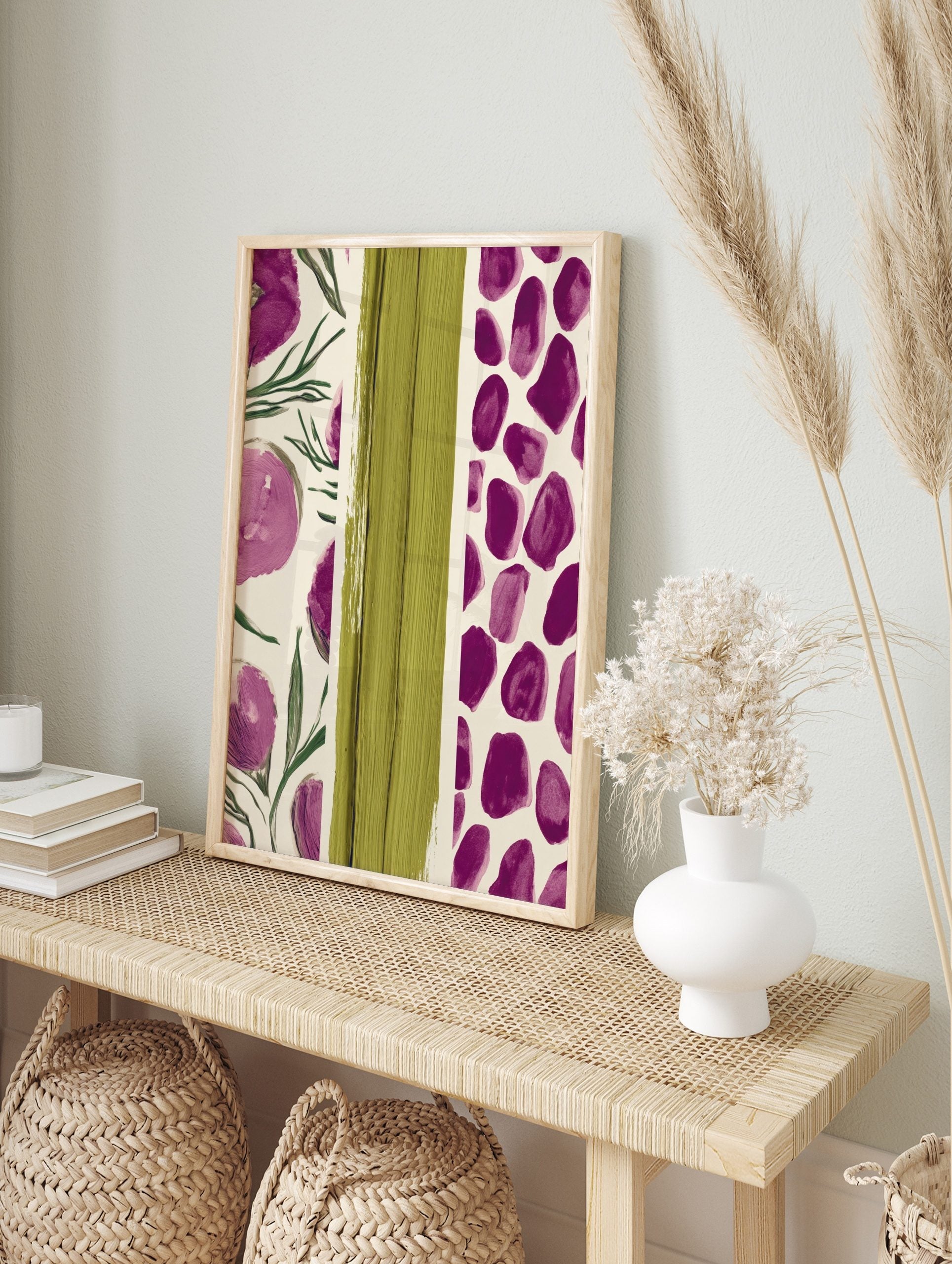 Abstract art print with purple floral shapes and a central panel of textured green, in an alternate framed mockup