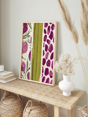 Abstract art print with purple floral shapes and a central panel of textured green, in an alternate framed mockup