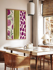Abstract art print with purple floral shapes and a central panel of textured green brushstrokes on, in a styled room mockup