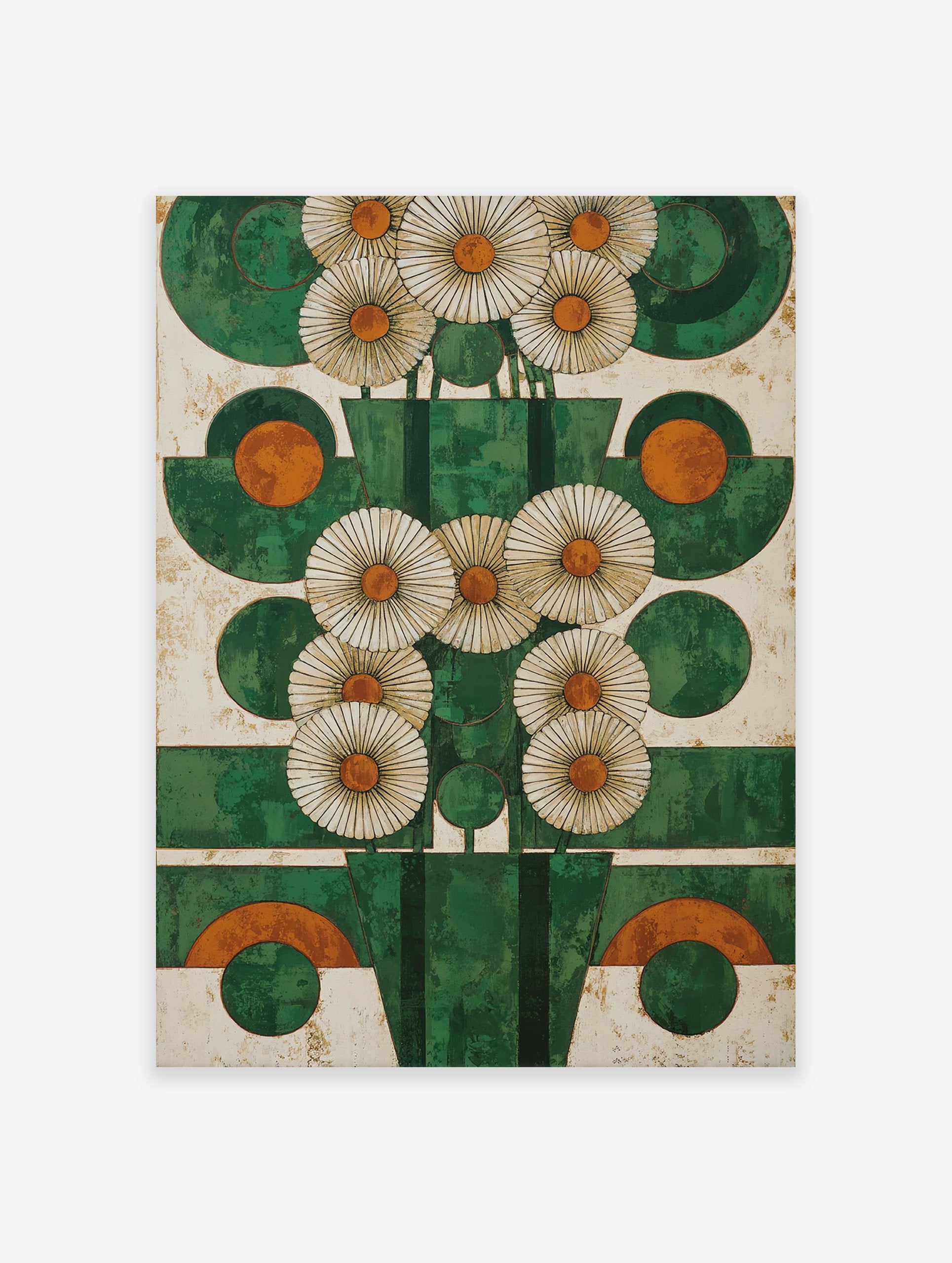 Abstract green and orange geometric flower wall art with stylized white daisies on a textured white background.
