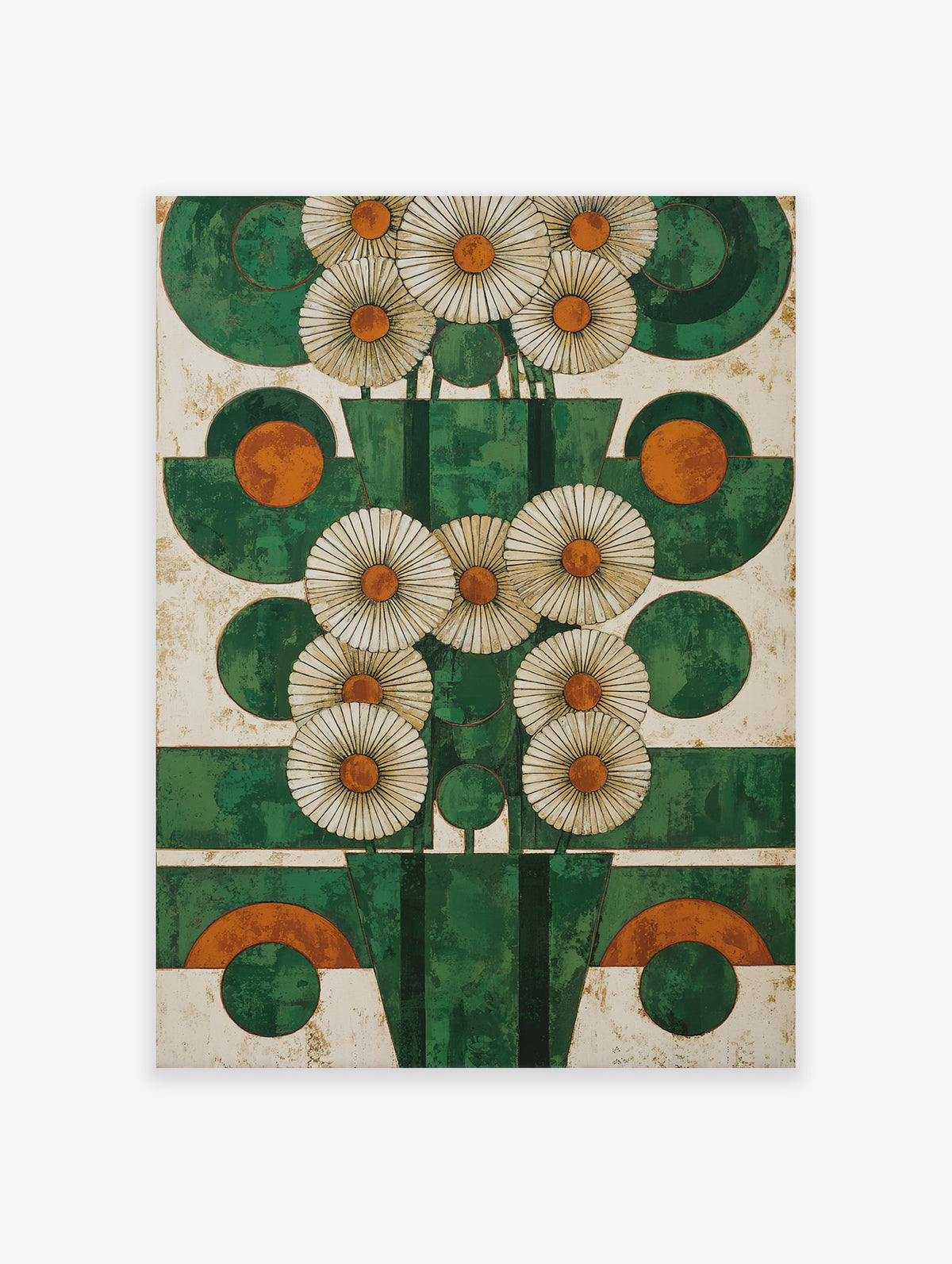 Abstract green and orange geometric flower wall art with stylized white daisies on a textured white background.