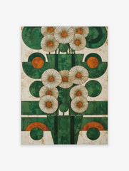 Abstract green and orange geometric flower wall art with stylized white daisies on a textured white background.