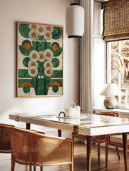 Abstract green and orange geometric flower wall art with stylized white daisies on a textured white background. - Image 2