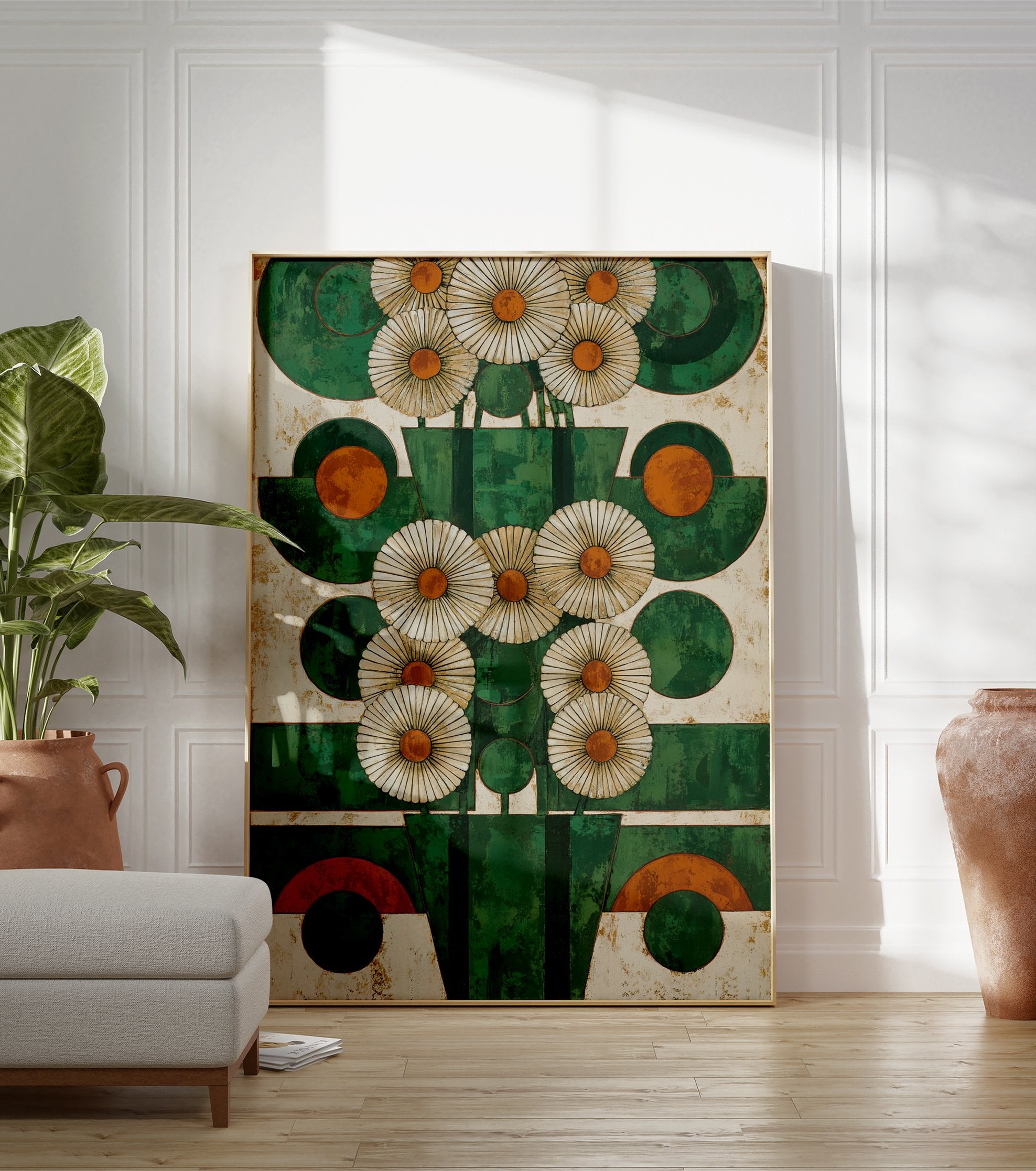 Abstract green and orange geometric flower wall art with stylized white daisies on a textured white background. - Image 3