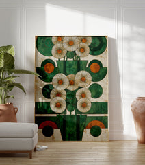 Abstract green and orange geometric flower wall art with stylized white daisies on a textured white background. - Image 3