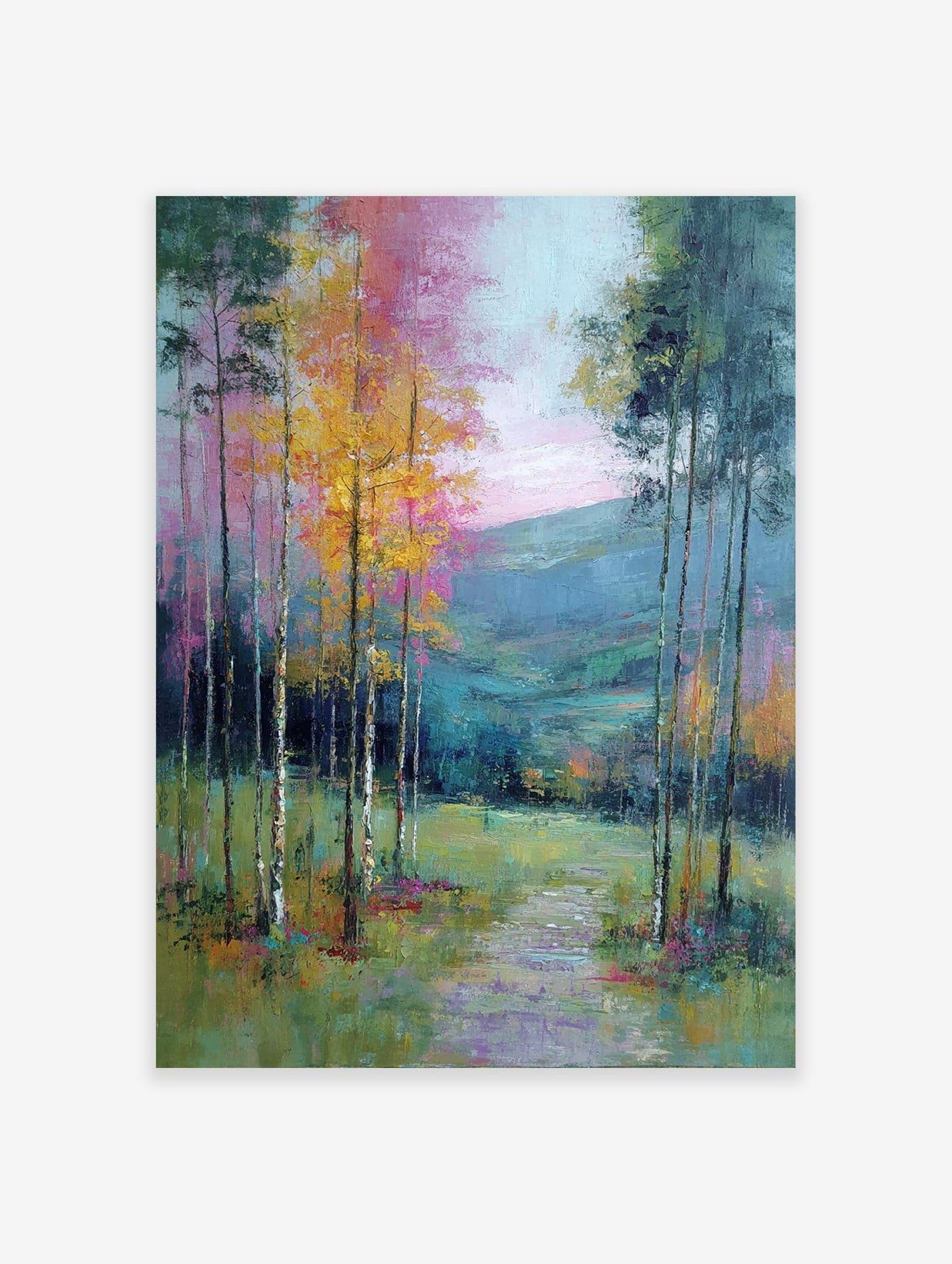 Vibrant abstract forest landscape wall art print with tall trees, a path, and colorful brushstrokes in yellow, pink, green, and blue.