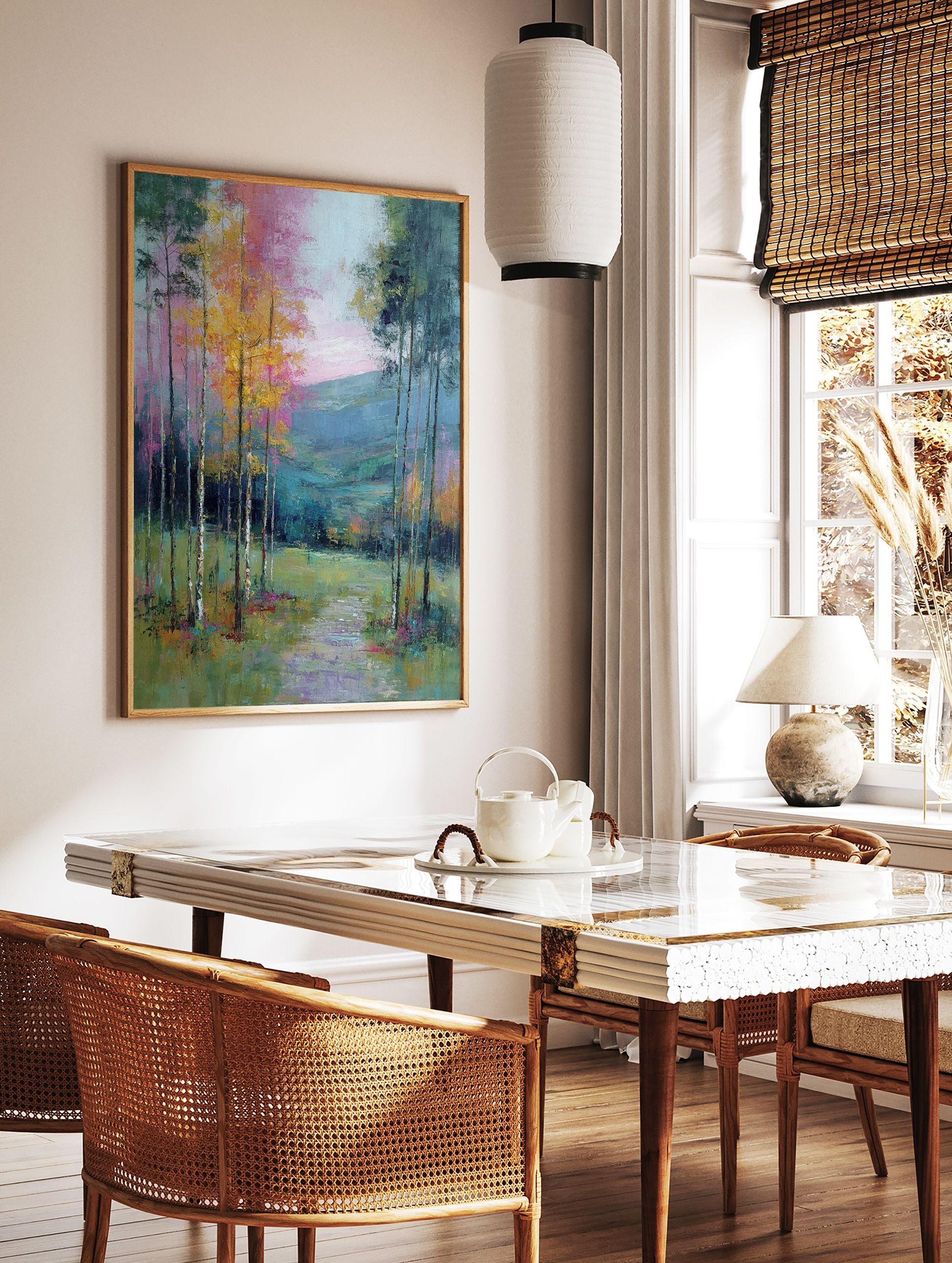 Vibrant abstract forest landscape wall art print with tall trees, a path, and colorful brushstrokes in yellow, pink, green, and blue. - Image 2