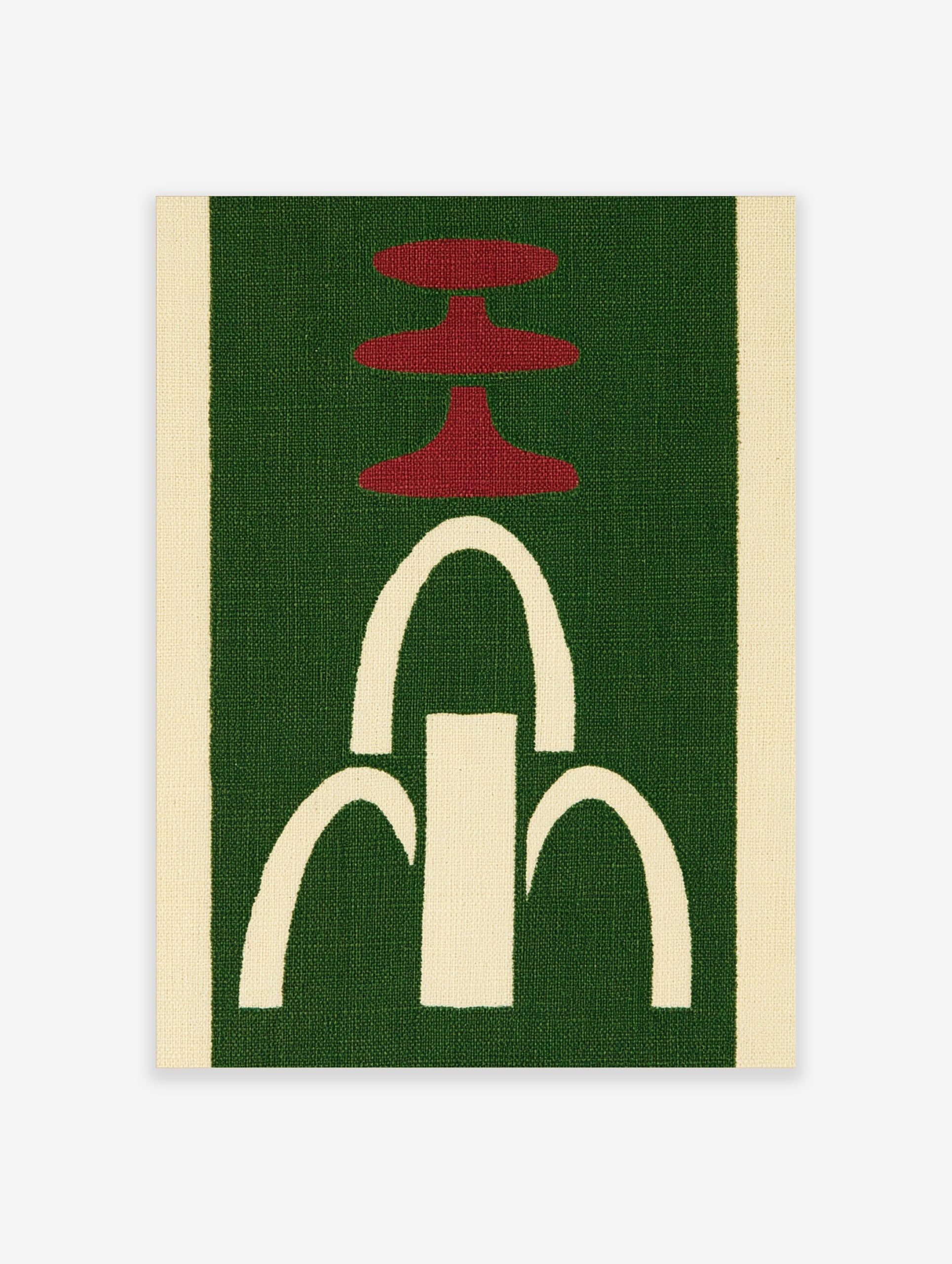 Abstract wall art with red tiered shapes and a white arched fountain motif on a green textured background
