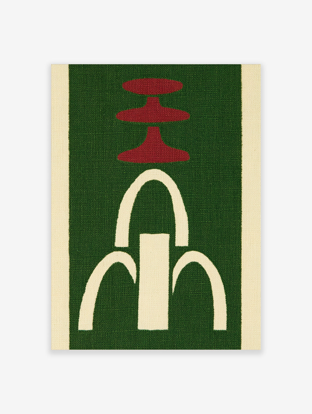 Abstract wall art with red tiered shapes and a white arched fountain motif on a green textured background