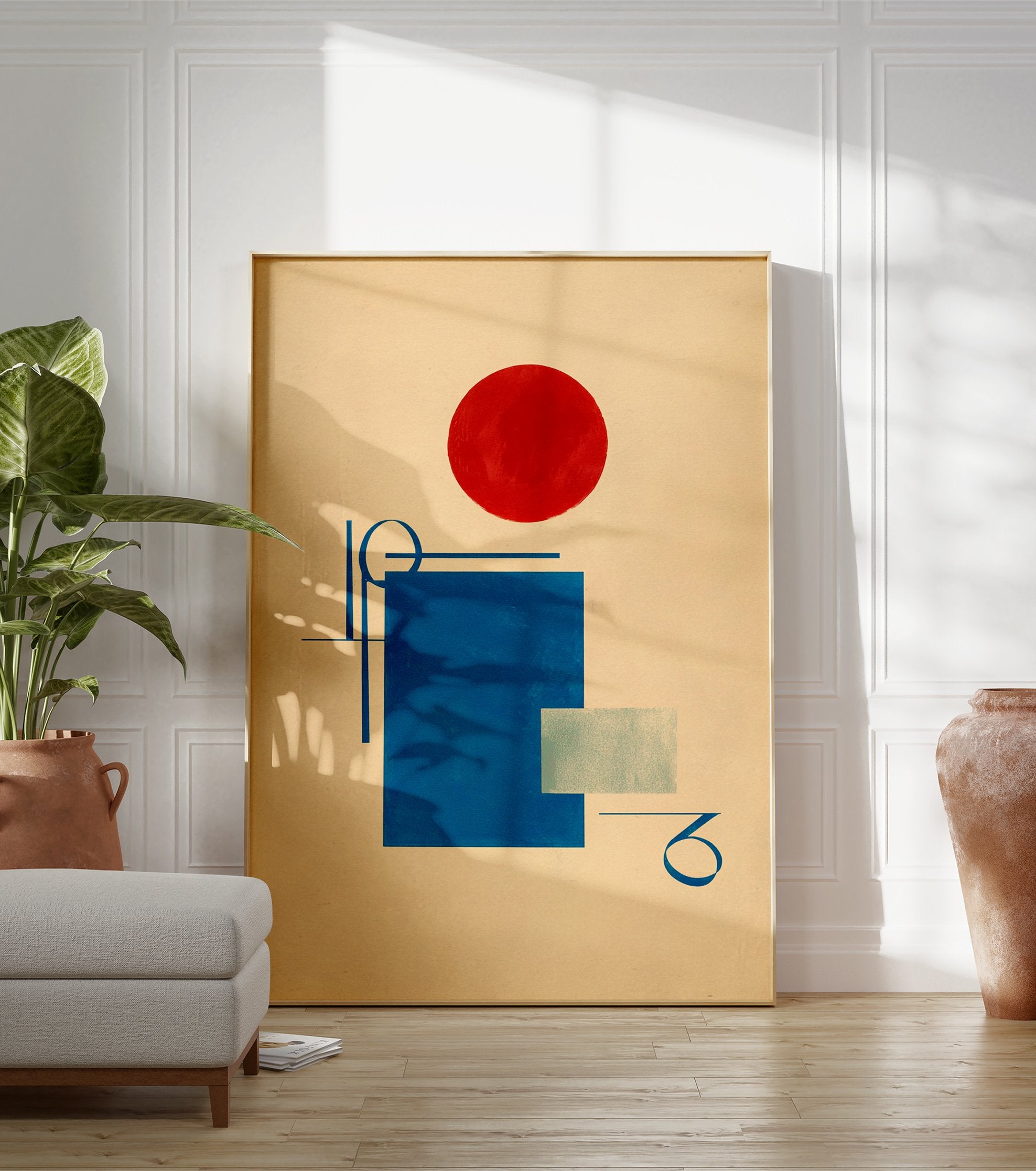 Abstract geometric Bauhaus poster featuring a large red circle, a blue square, and blue lines on a beige background. - Image 3