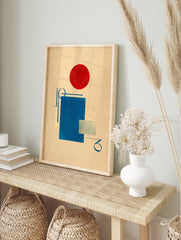 Abstract geometric Bauhaus poster featuring a large red circle, a blue square, and blue lines on a beige background. - Image 4