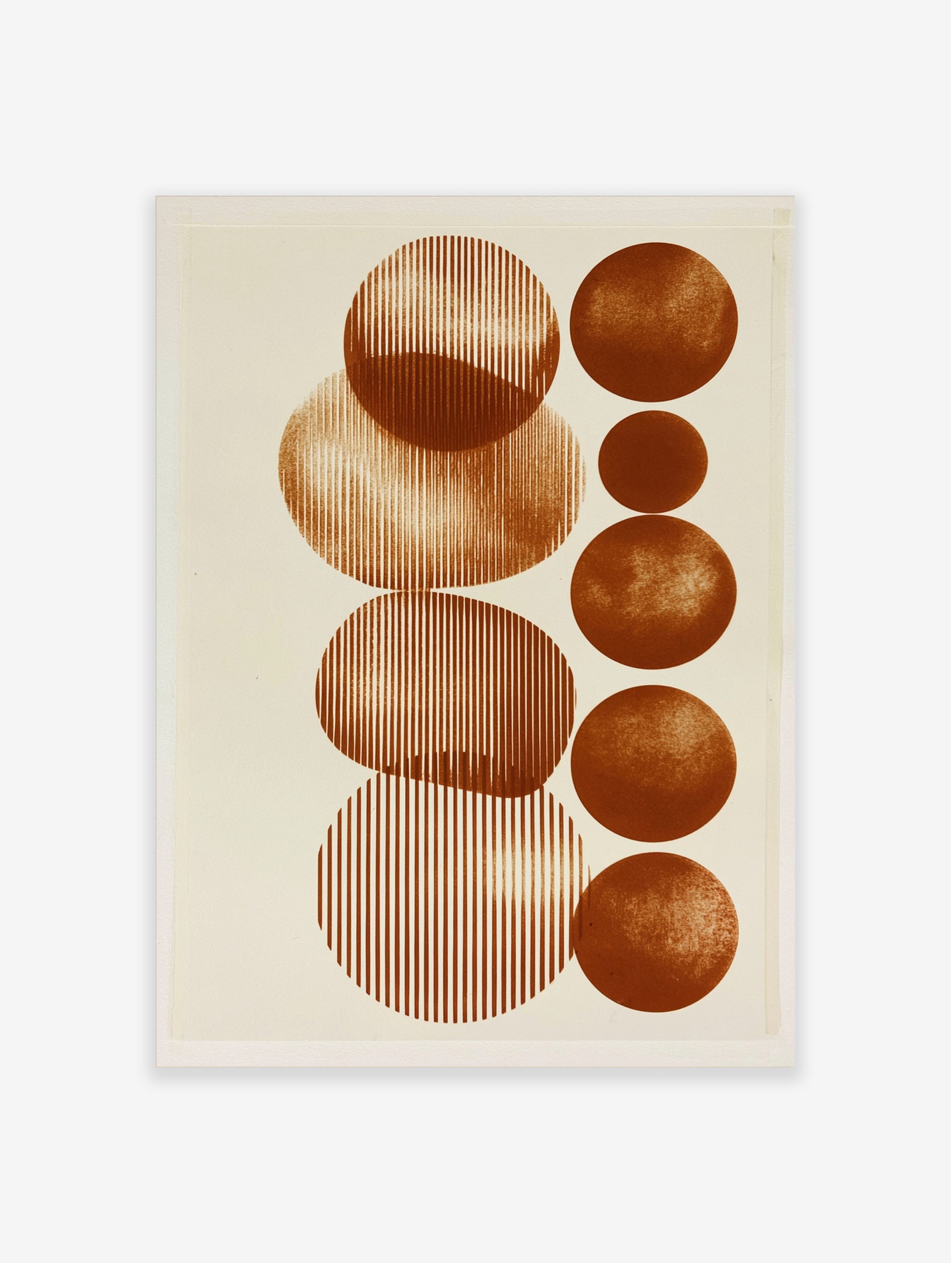 Abstract geometric wall art with vertical terracotta circles and line patterns on a cream background