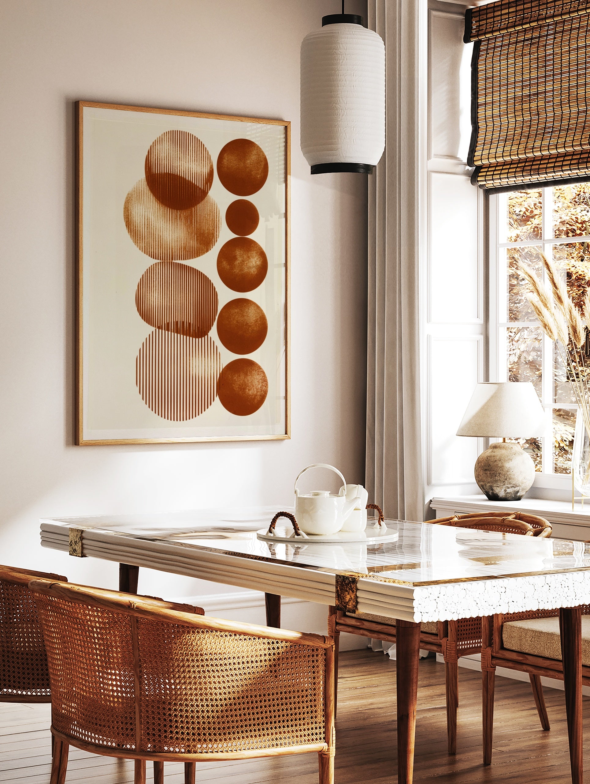 Abstract geometric wall art with vertical terracotta circles and line patterns on a cream background, in a styled room mockup