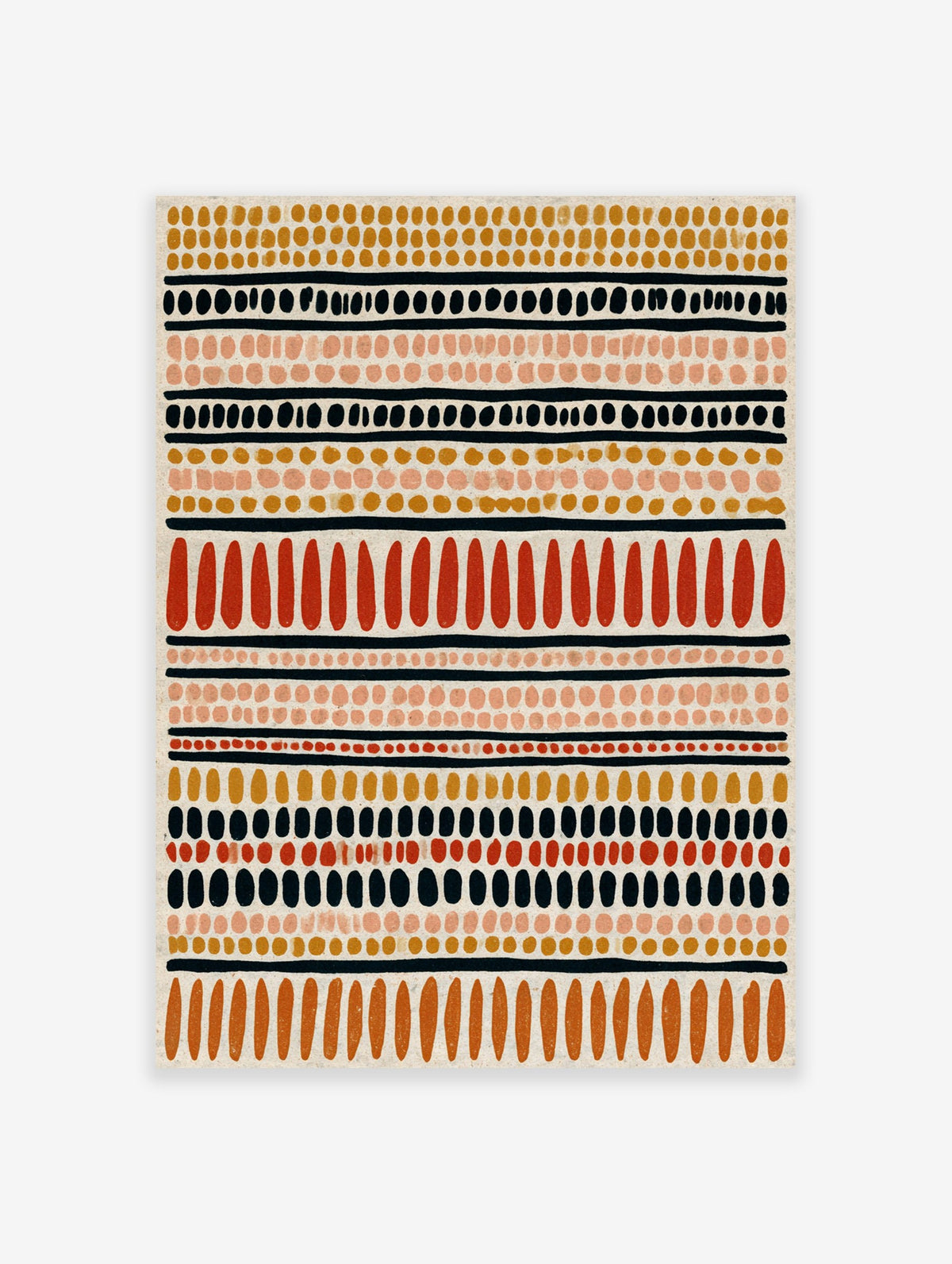 Abstract geometric wall art print with rows of hand-drawn dots and dashes in earthy orange, yellow, and black colours