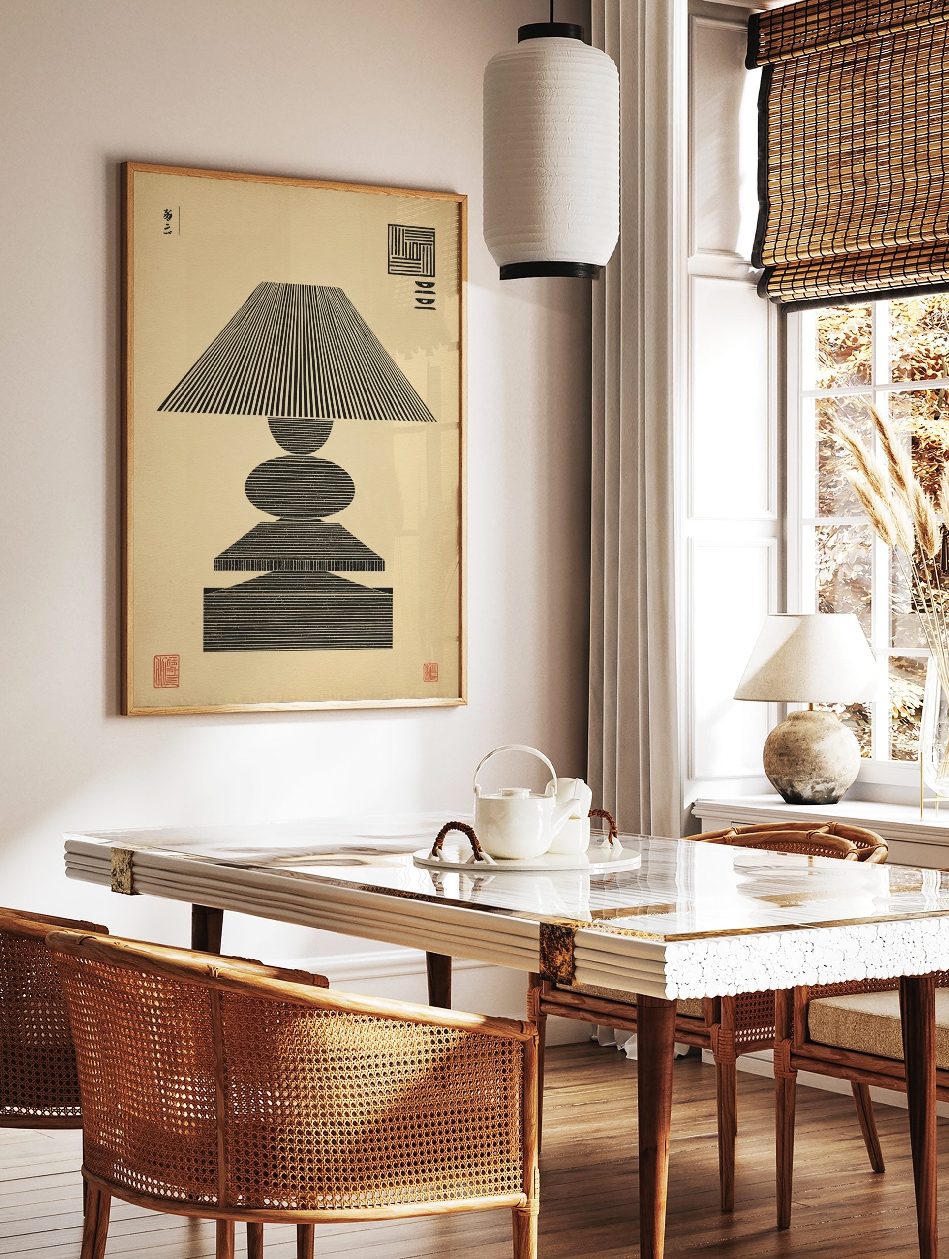 Abstract geometric stacked shapes art print with black lines, Japanese characters, and a red seal, in a styled room mockup