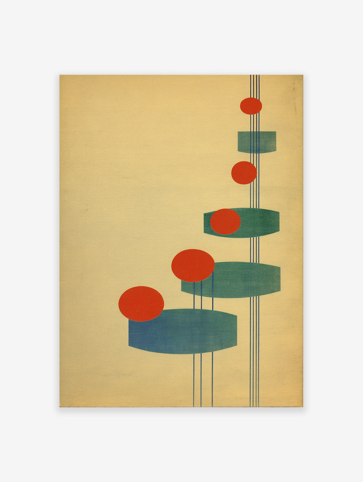Abstract Geometric Wall Art with red circles, teal oblong shapes, and thin blue lines on a light yellow background, Bauhaus style.