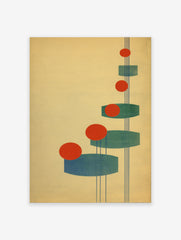 Abstract Geometric Wall Art with red circles, teal oblong shapes, and thin blue lines on a light yellow background, Bauhaus style.