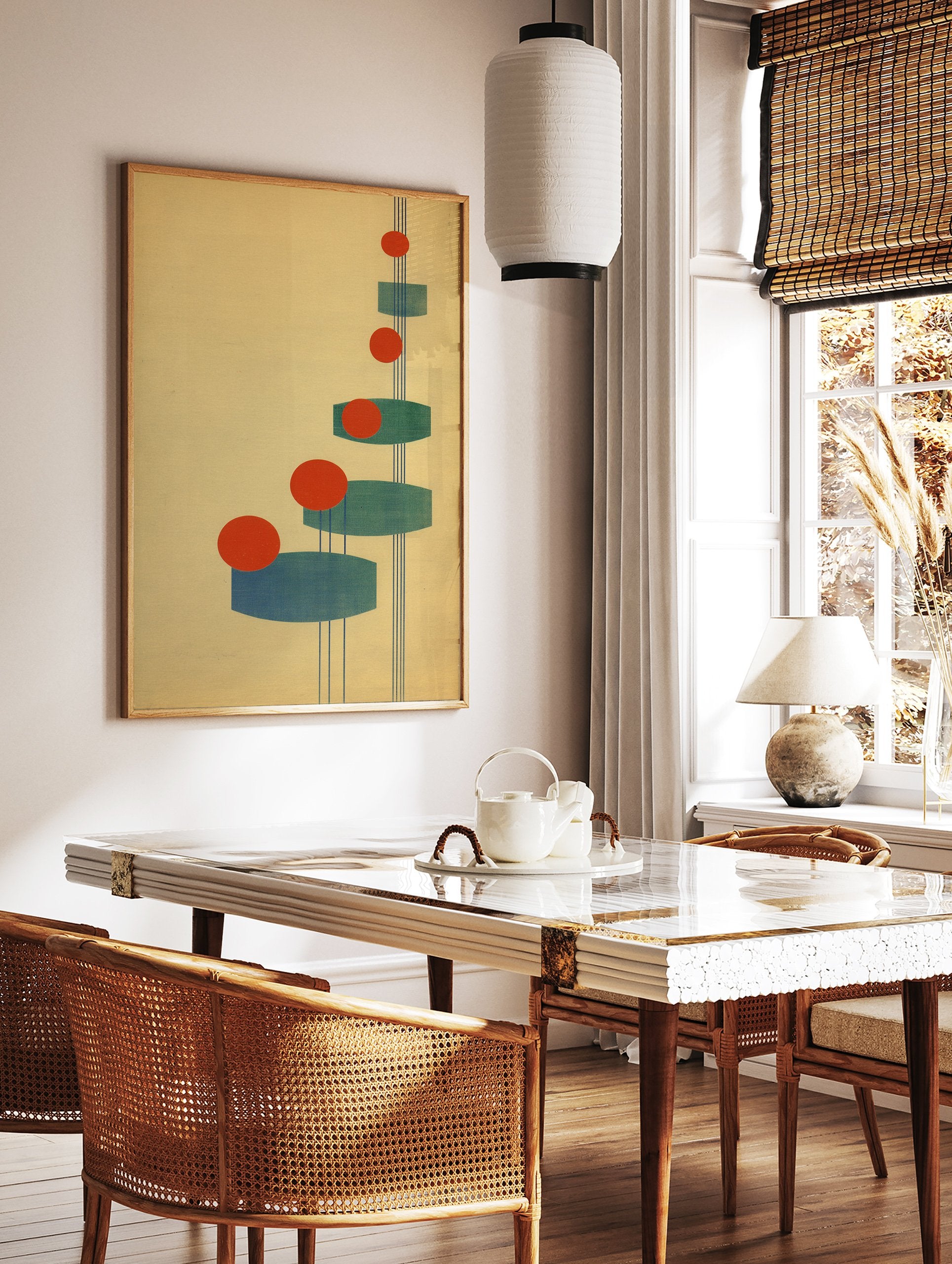 Abstract Geometric Wall Art with red circles, teal oblong shapes, and thin blue lines on a light yellow background, Bauhaus style. - Image 2