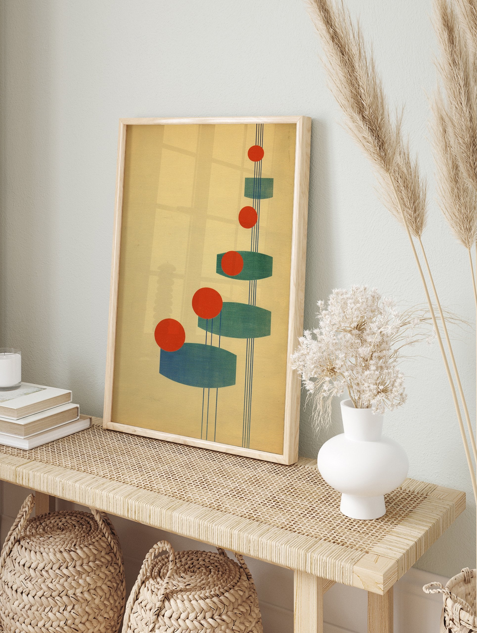 Abstract Geometric Wall Art with red circles, teal oblong shapes, and thin blue lines on a light yellow background, Bauhaus style. - Image 3