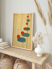 Abstract Geometric Wall Art with red circles, teal oblong shapes, and thin blue lines on a light yellow background, Bauhaus style. - Image 3