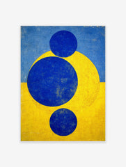 Abstract geometric art print with three blue circles and a yellow arc against a split blue and yellow background