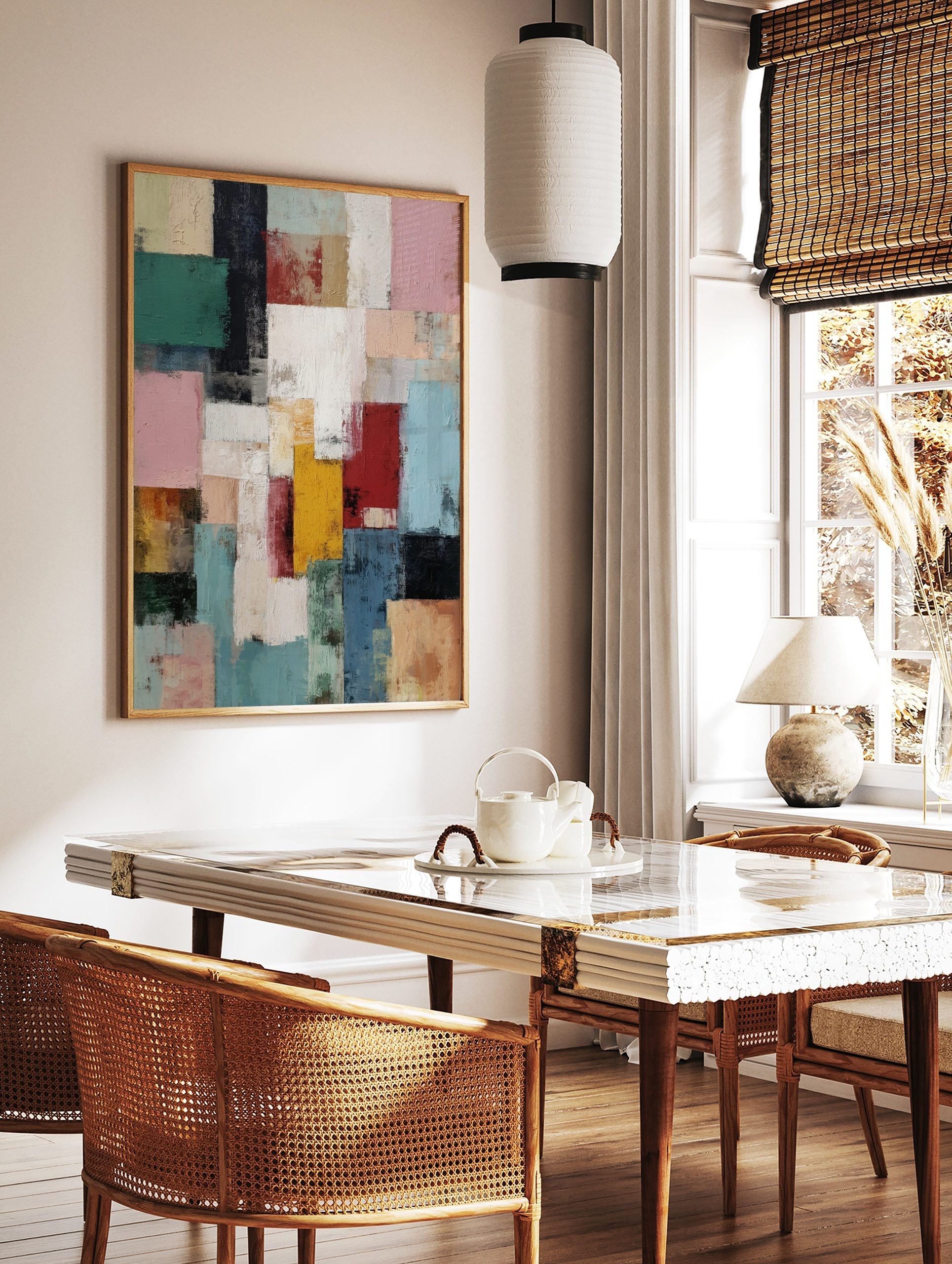 Abstract art print with textured, overlapping rectangular blocks in green, pink, blue, red, and, in a styled room mockup