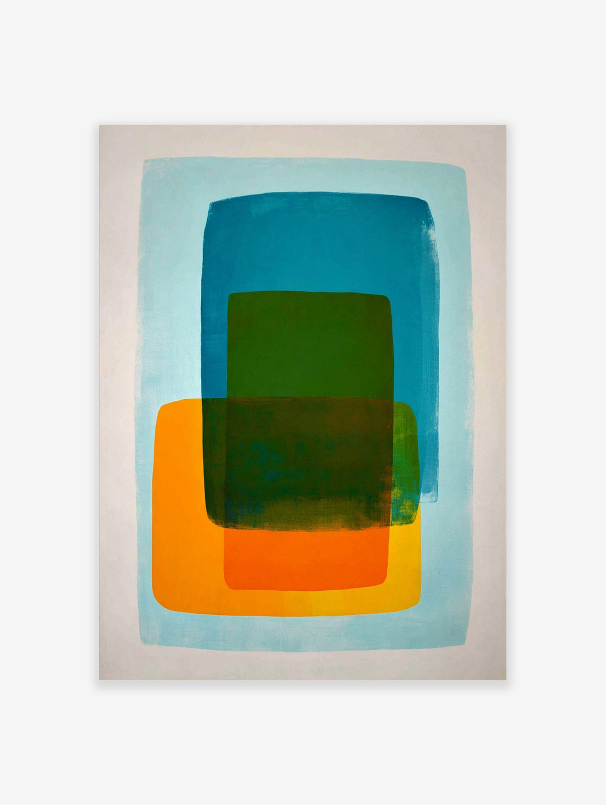 Abstract art print with layered teal, green, and orange rounded rectangles on a light blue background