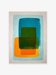 Abstract art print with layered teal, green, and orange rounded rectangles on a light blue background