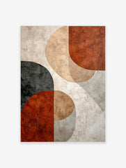 Abstract geometric wall art with overlapping terracotta, beige, charcoal, and off-white circular shapes and textured finish