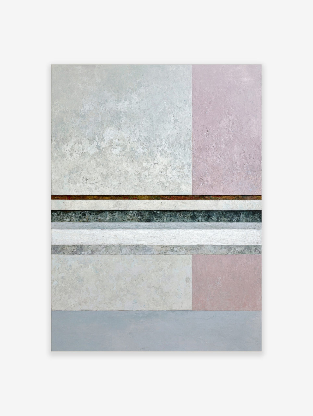 Abstract geometric art print with horizontal grey, pink, and dark teal bands, and textural details