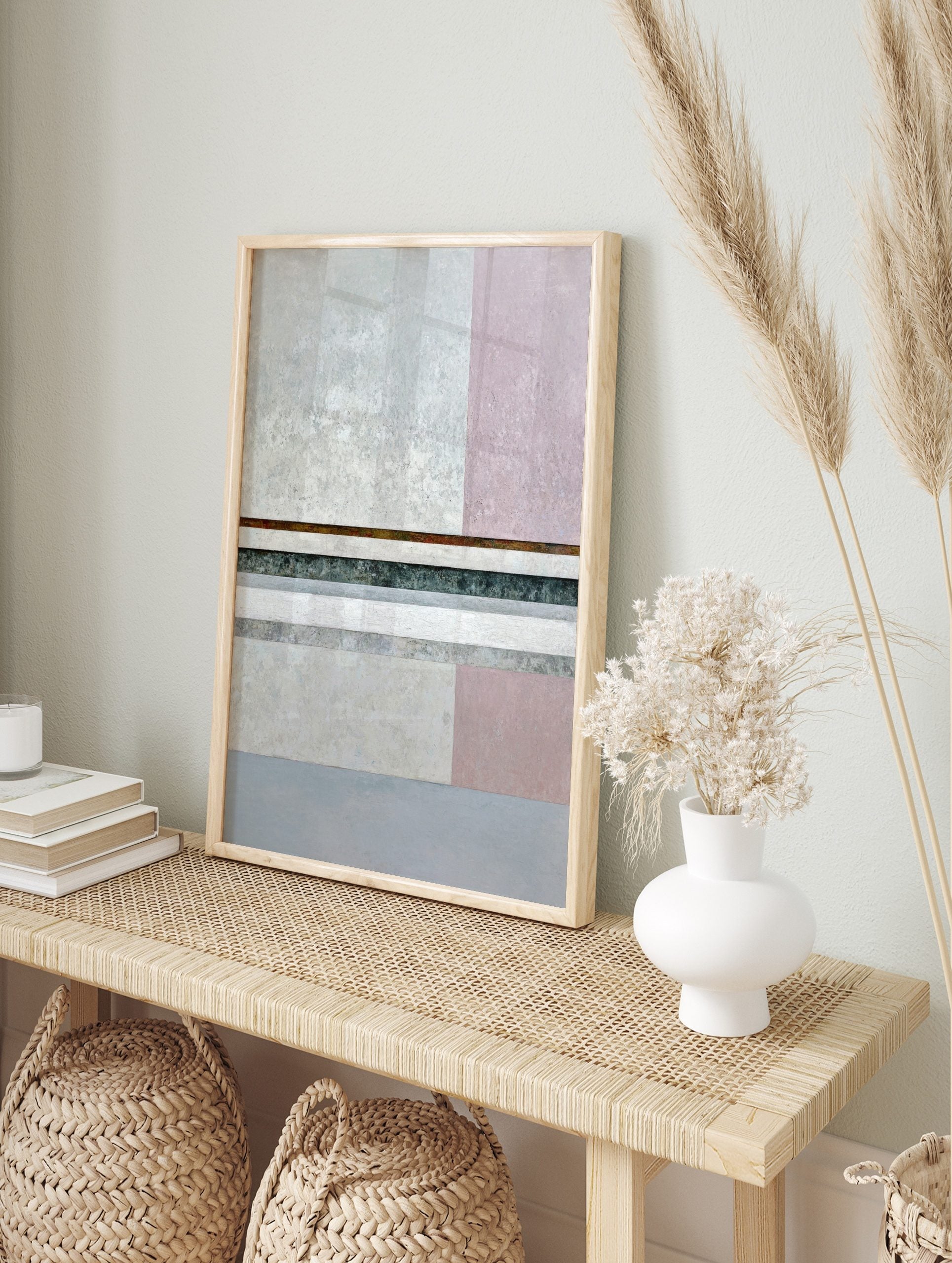 Abstract geometric art print with horizontal grey, pink, and dark teal bands, and textural, in an alternate framed mockup