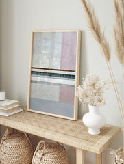 Abstract geometric art print with horizontal grey, pink, and dark teal bands, and textural, in an alternate framed mockup