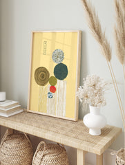 Abstract geometric wall art with Japanese text 'おとのさで', circles, striped rectangles, and, in an alternate framed mockup