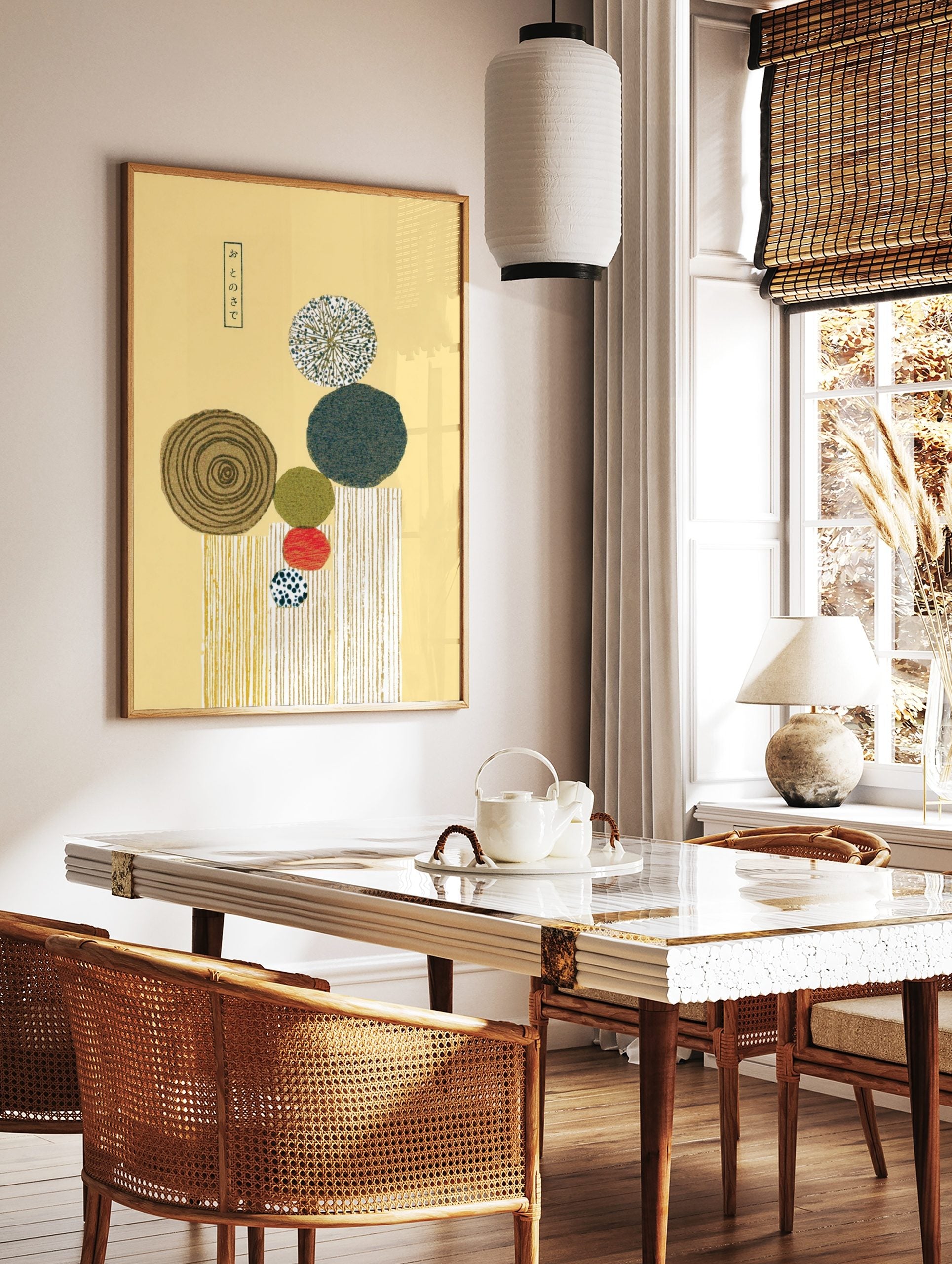 Abstract geometric wall art with Japanese text 'おとのさで', circles, striped rectangles, and earth, in a styled room mockup