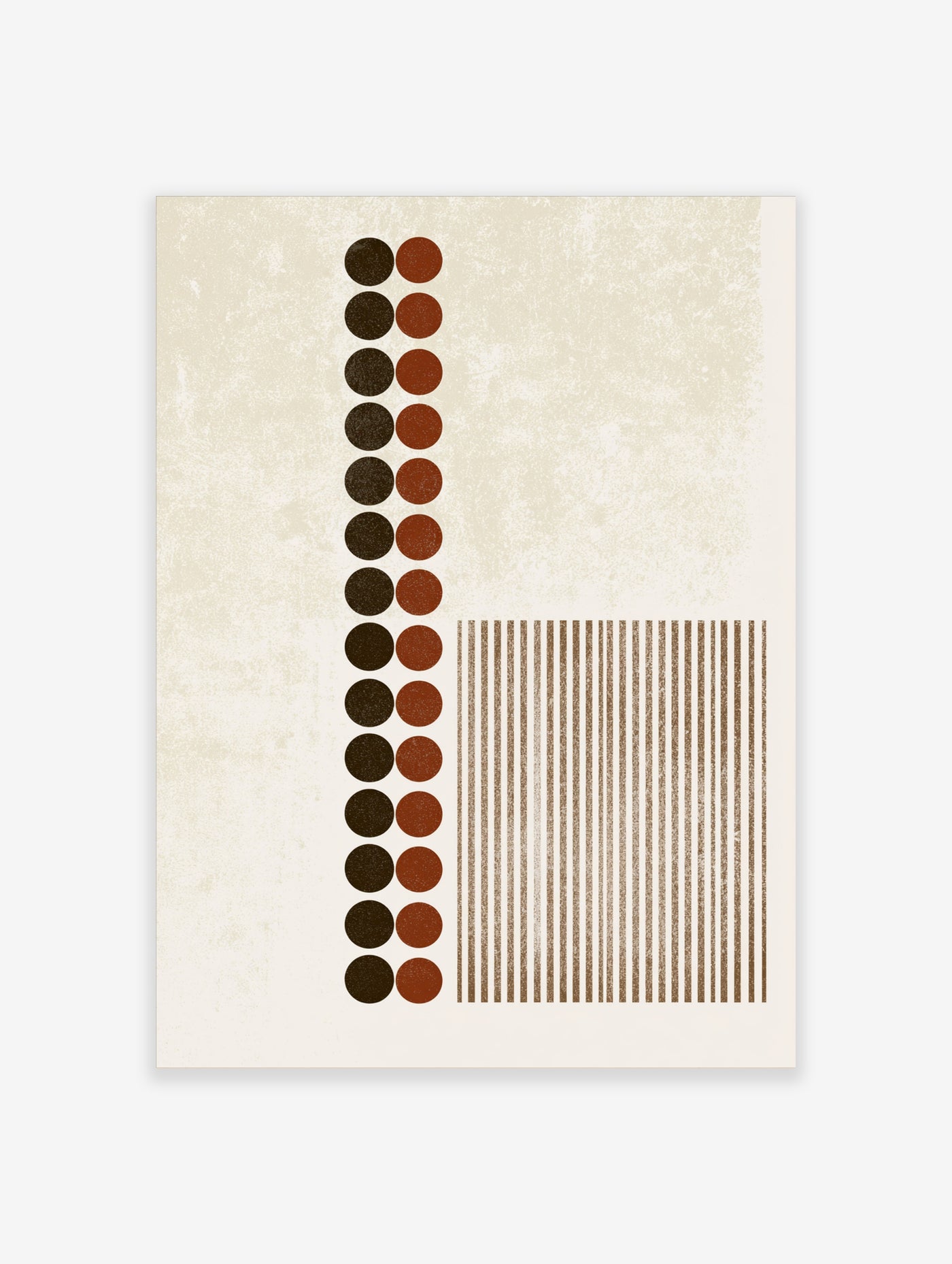 Minimalist abstract wall art print with two columns of brown circles and a block of vertical stripes on textured paper