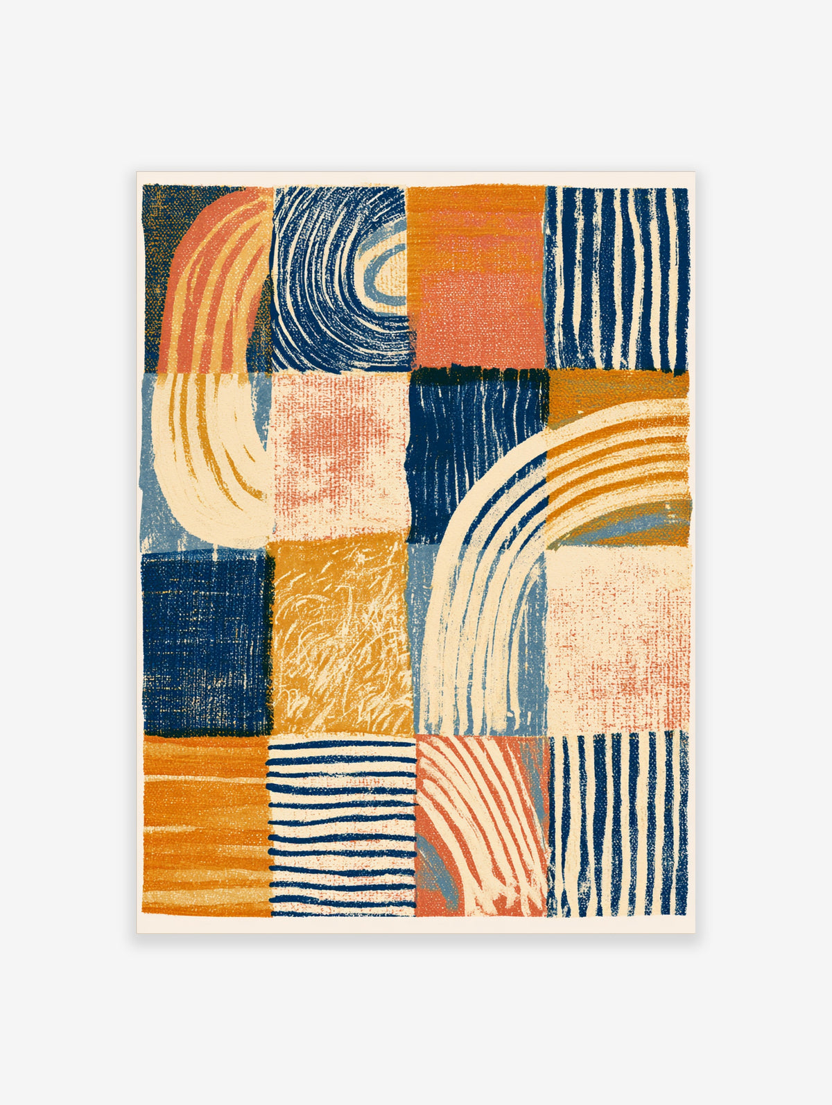 Abstract geometric art print with orange, navy and cream blocks, curved brush marks and stripes