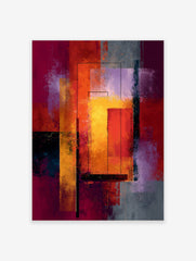 Abstract geometric art print with layered rectangles in red, orange, yellow, and purple tones with black lines