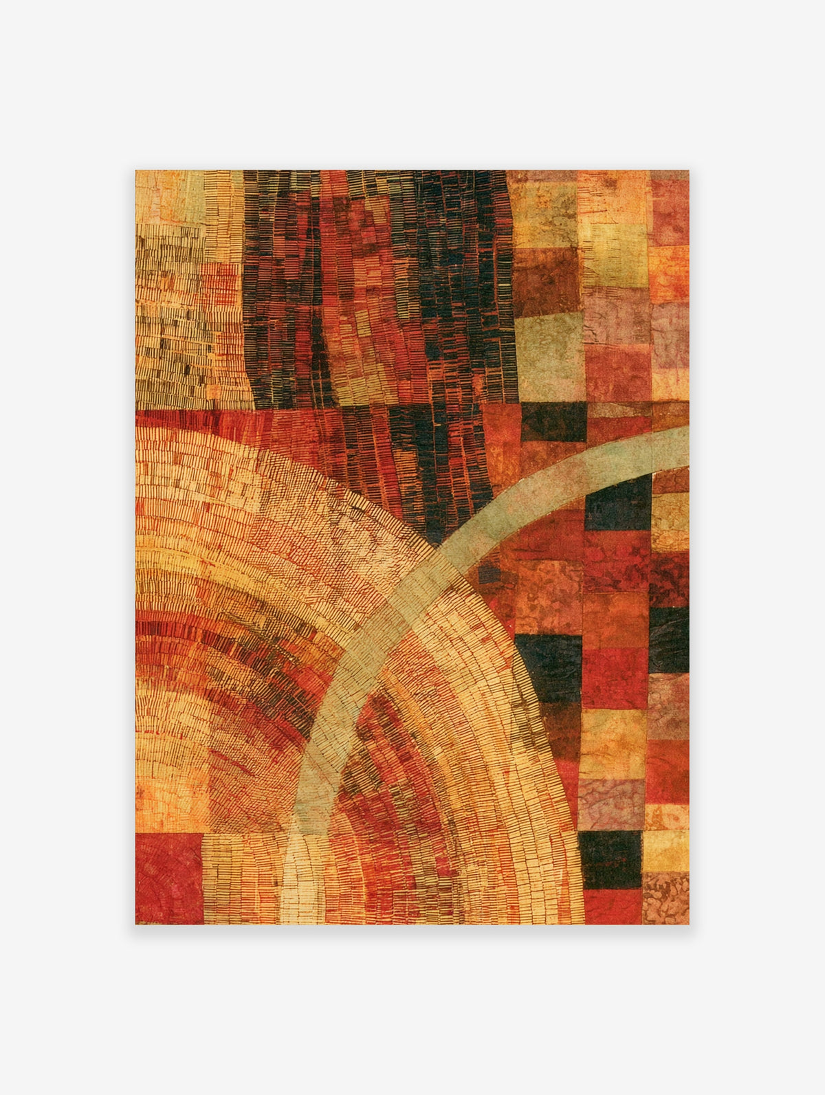 Abstract geometric art print with warm red, orange, and black patchwork grid and sweeping curve