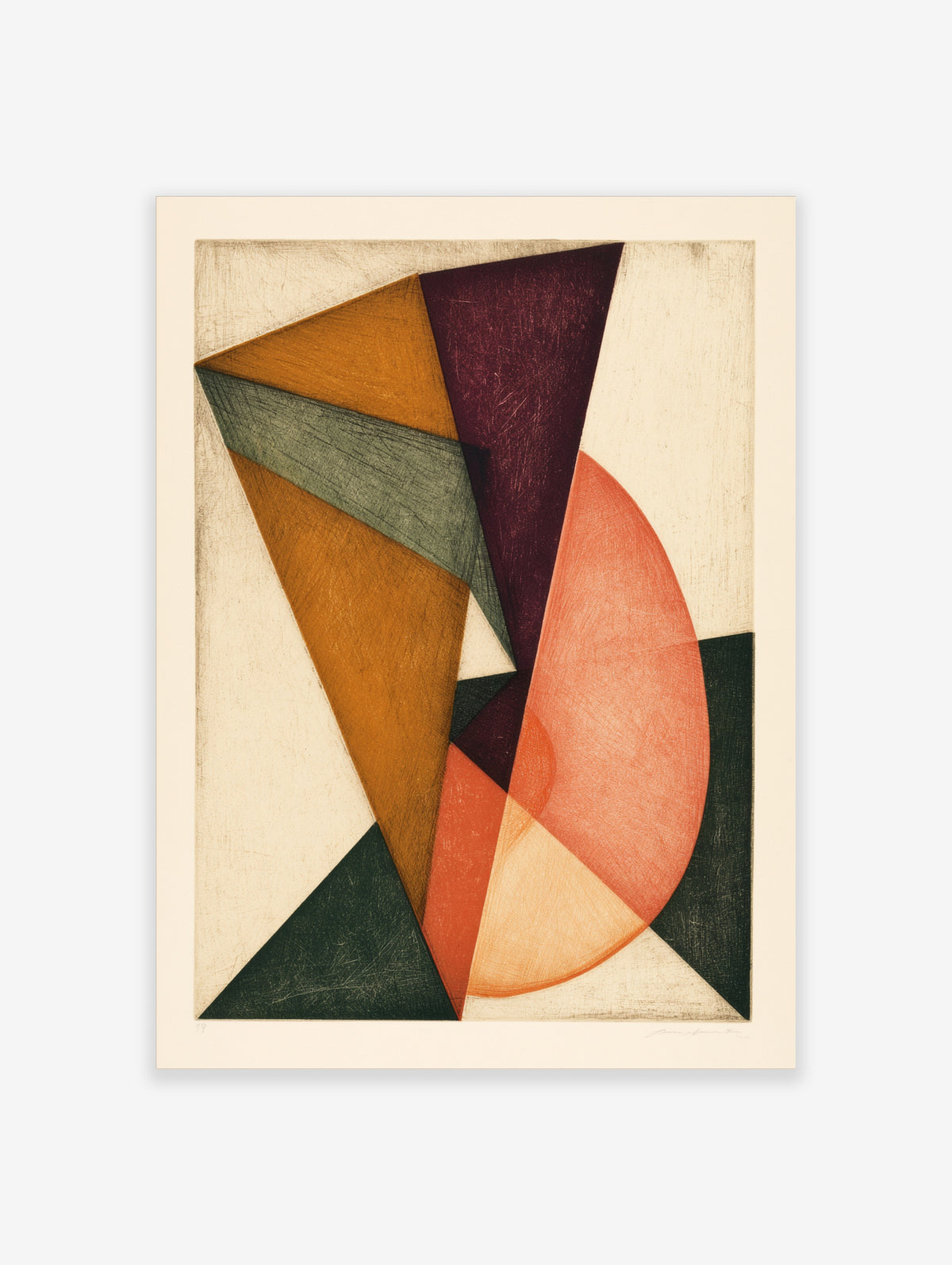 Abstract geometric wall art with overlapping triangles and circular shapes in purple, orange, and green on cream paper