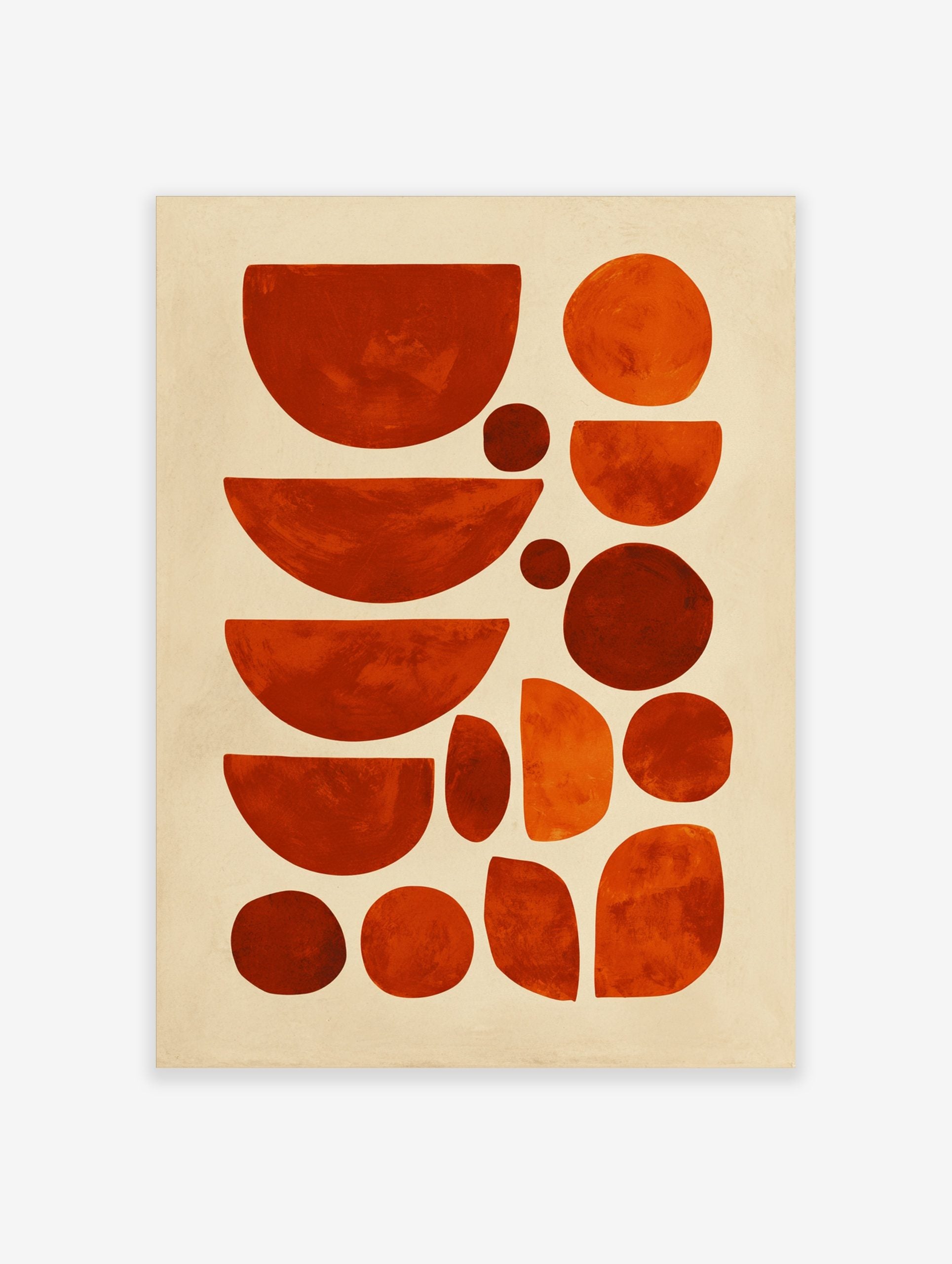 Abstract geometric art print with organic shapes in varying shades of orange and red against a light background
