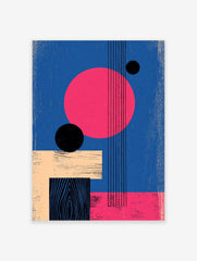 Abstract geometric wall art with large pink circle, black spheres, beige and black rectangles on a blue background