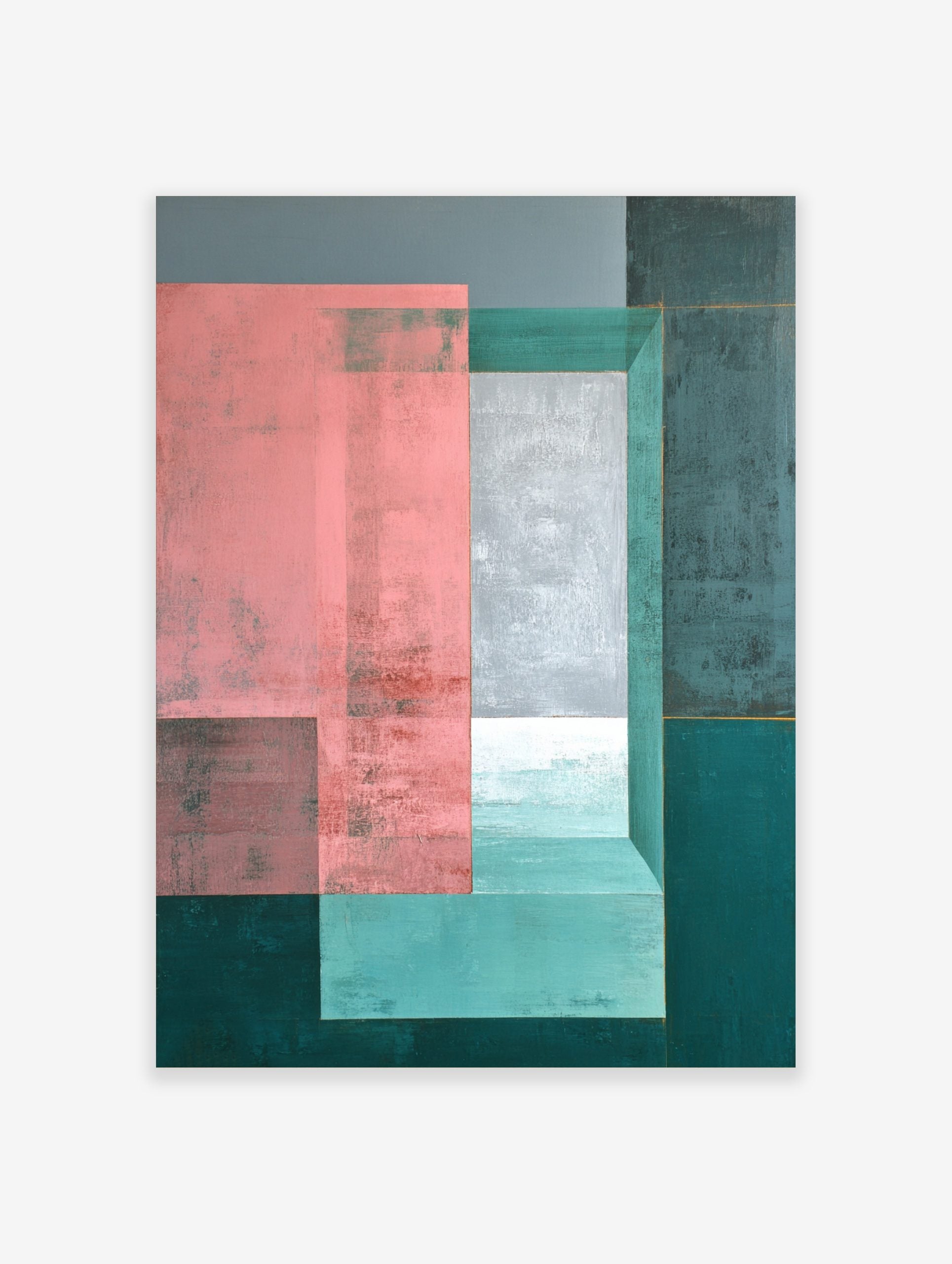 Abstract geometric wall art with layered pink, grey, and teal rectangles, creating a sense of depth and texture