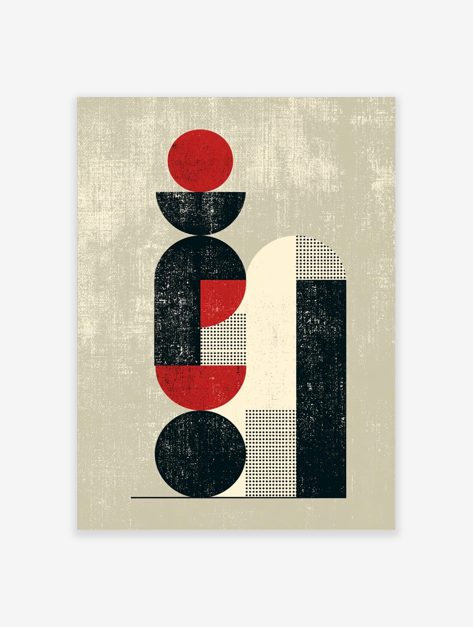 Abstract geometric art print with red circles and black arches on a cream background, minimalist style wall decor
