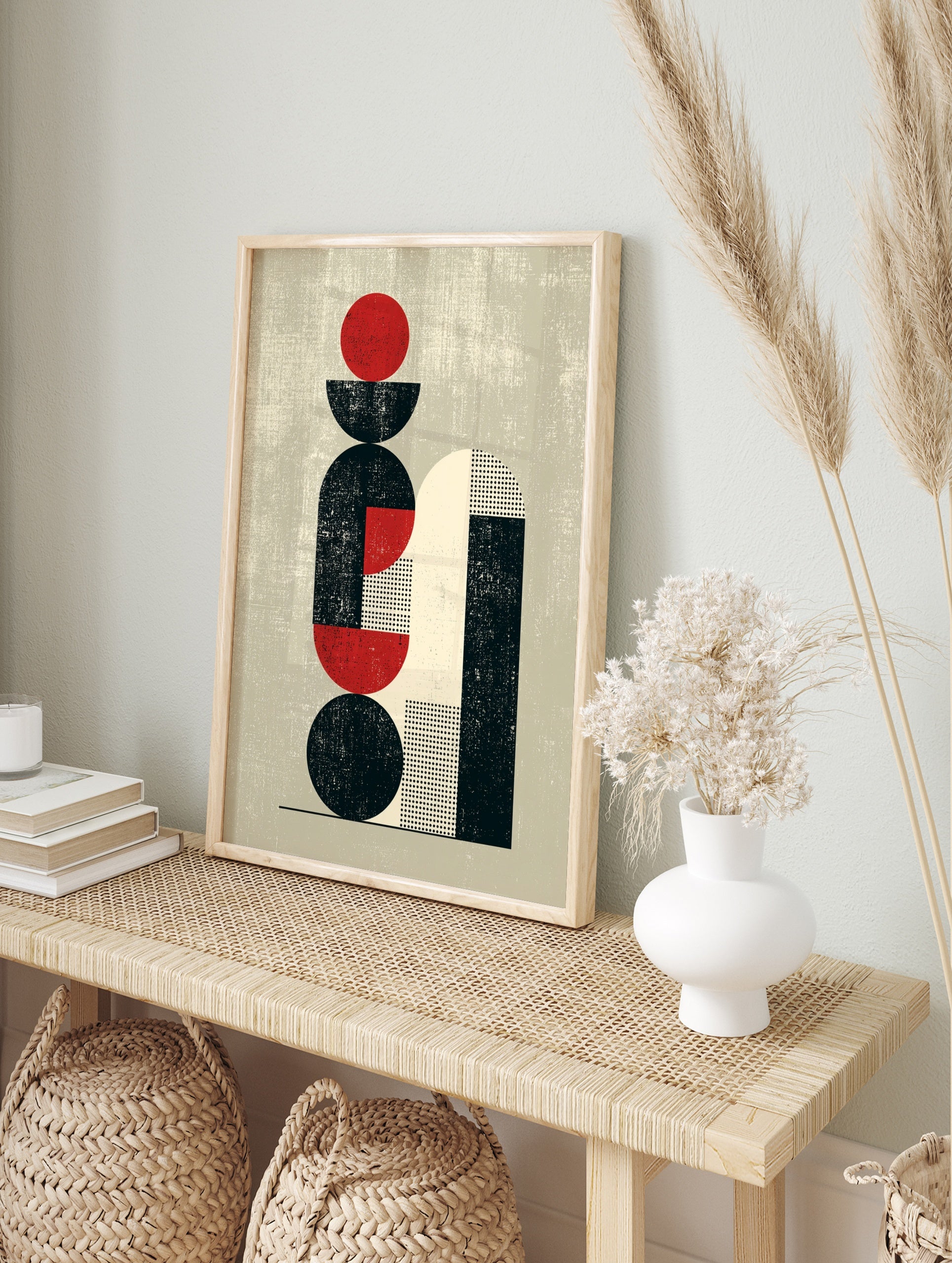 Abstract geometric art print with red circles and black arches on a cream background, in an alternate framed mockup