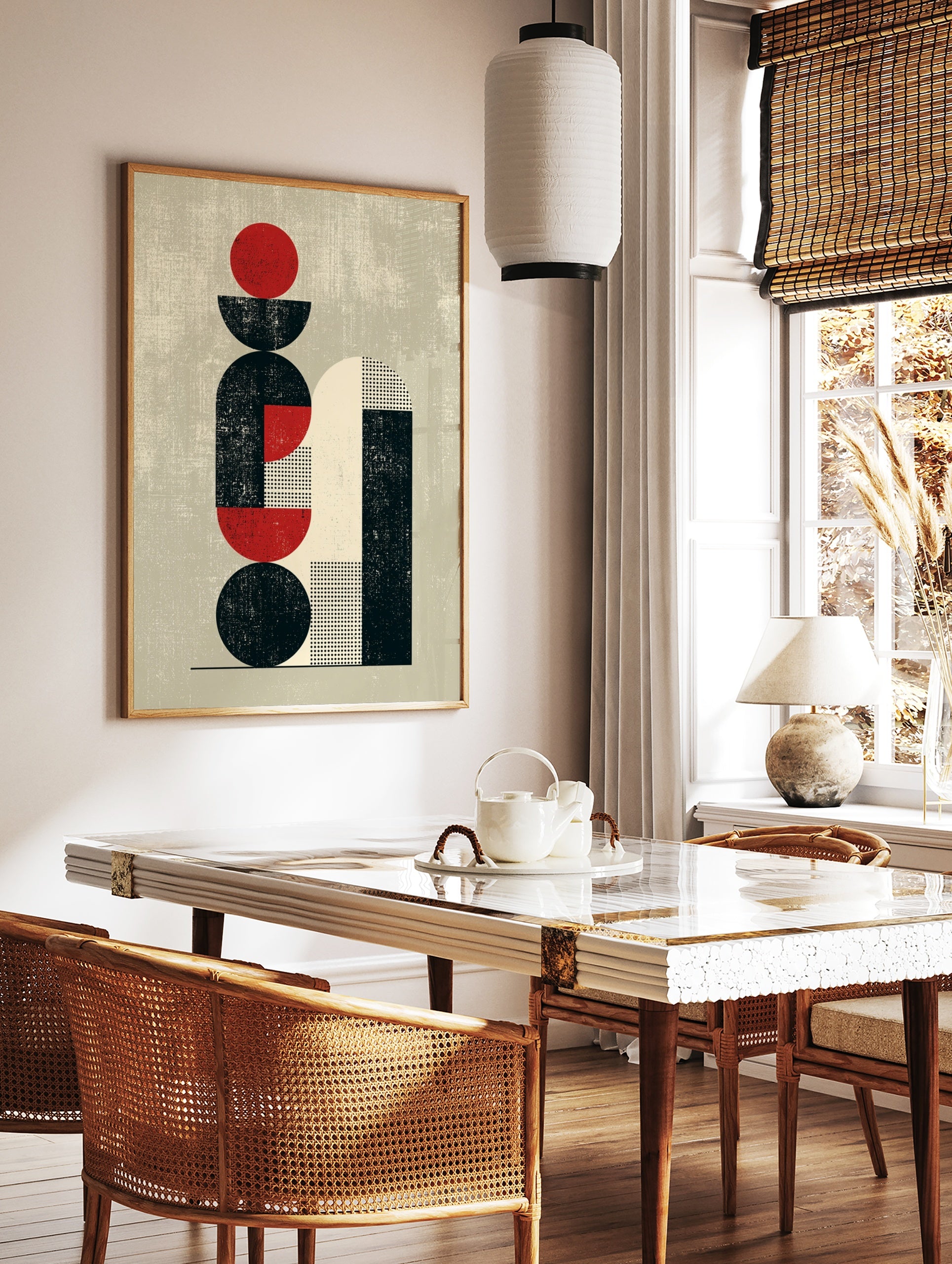 Abstract geometric art print with red circles and black arches on a cream background, minimalist, in a styled room mockup
