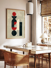 Abstract geometric art print with red circles and black arches on a cream background, minimalist, in a styled room mockup