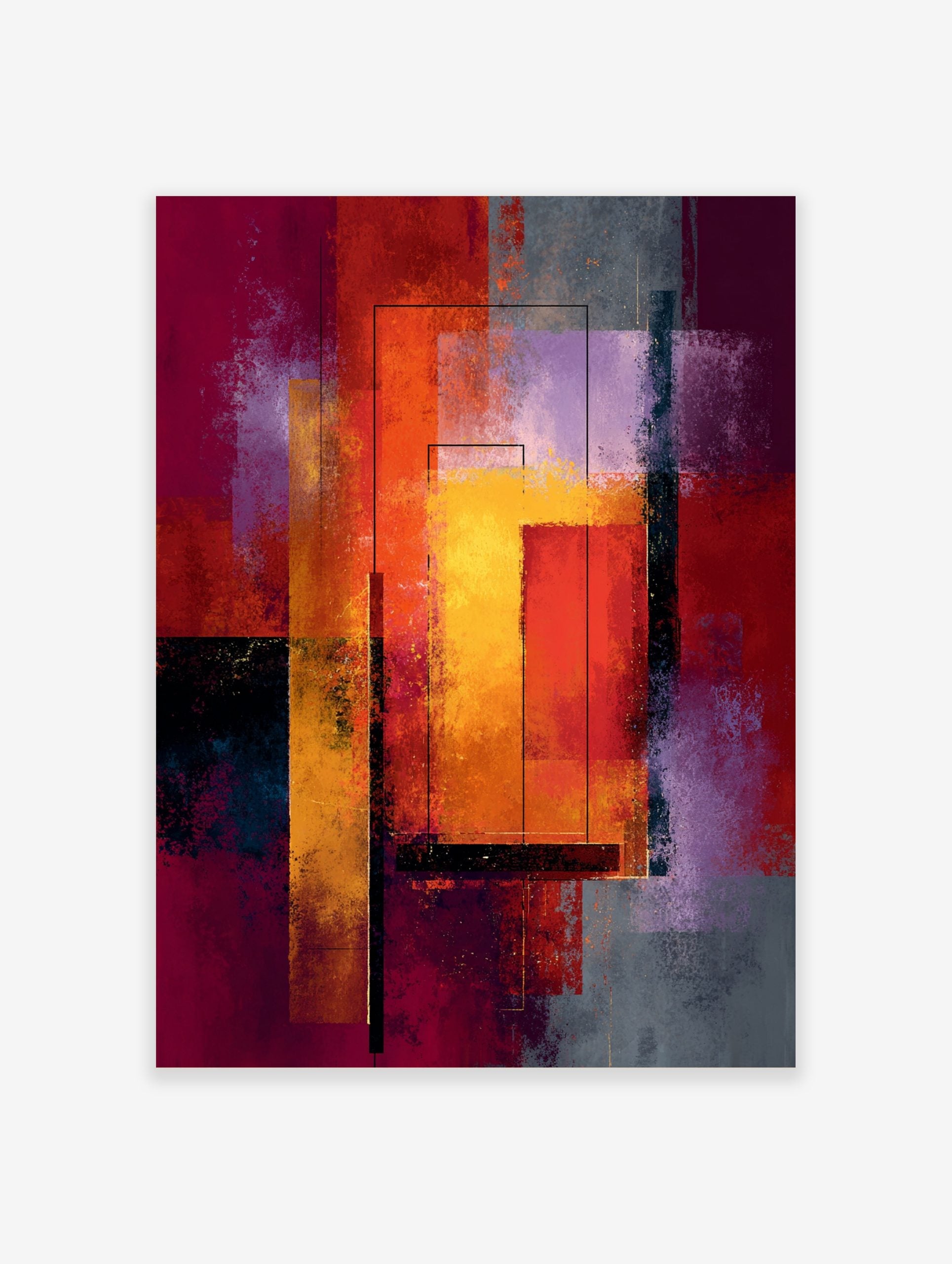 Abstract geometric art print with layered rectangles in red, orange, yellow, and purple with black lines