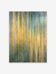 Abstract art print with shimmering vertical gold, teal, and blue stripes, featuring a textured, painterly effect