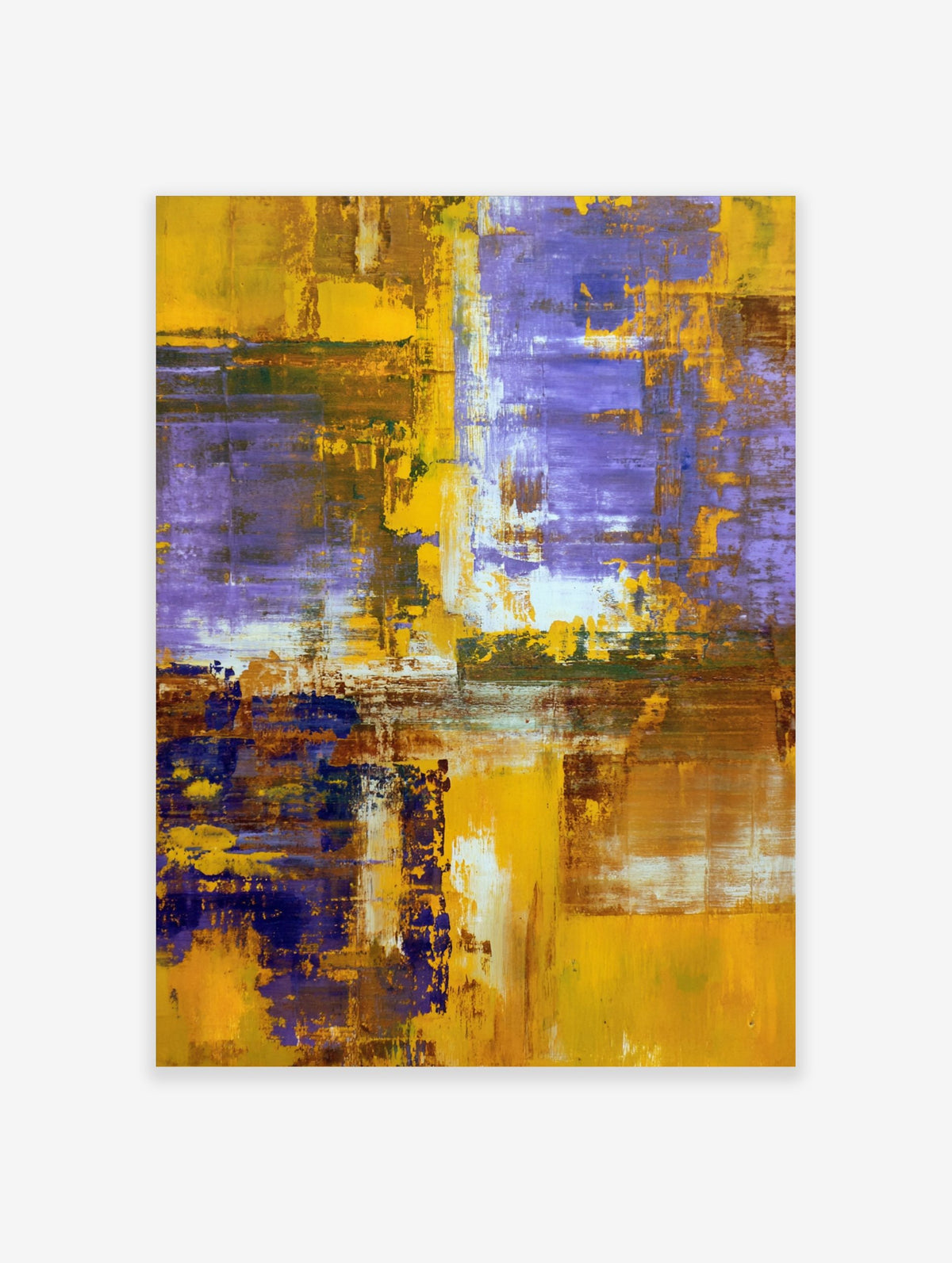 Abstract art print with textured gold, purple, and brown paint strokes in a layered, modern composition