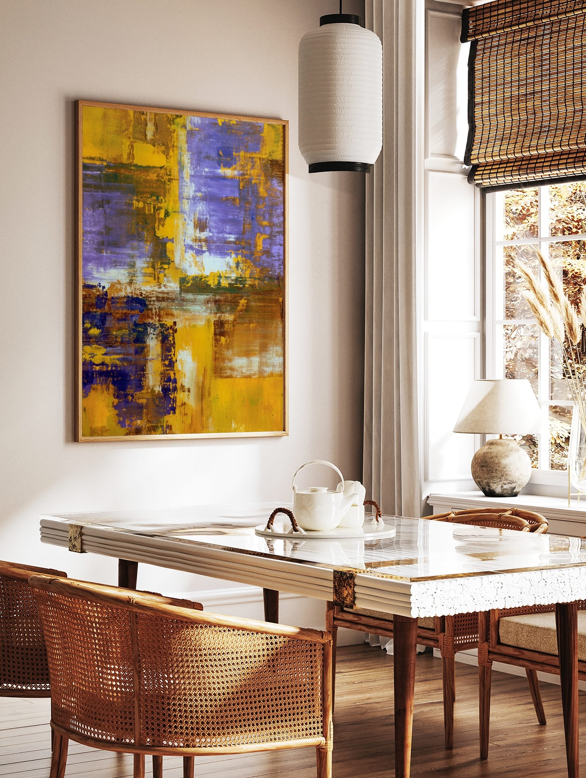 Abstract art print with textured gold, purple, and brown paint strokes in a layered, modern, in a styled room mockup